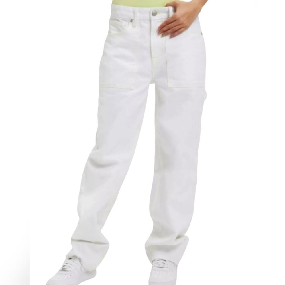 NWT Good American‎ Good 90s Loose Fit Carpenter Jeans White w/ Lime Stitching 12